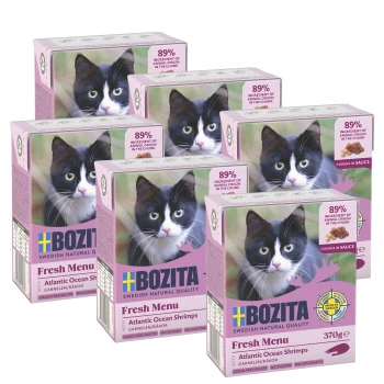 Sechs Boxen Bozita Fresh Menu Katzenfutter, mit einer schwarz-weißen Katze, beschriftet mit "89% tierischer Herkunft" und "Atlantik-Garnelen," jeweils 370g.