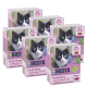 Sechs Boxen Bozita Fresh Menu Katzenfutter, mit einer schwarz-weißen Katze, beschriftet mit "89% tierischer Herkunft" und "Atlantik-Garnelen," jeweils 370g.