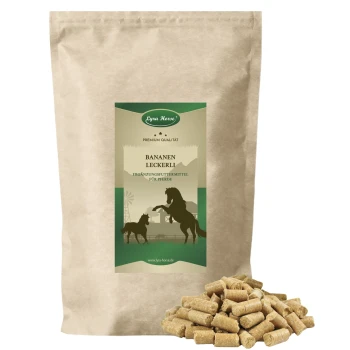 Kraftpapier-Beutel Lyra Horse 'Bananen Leckerli', grünes Etikett mit Pferdesilhouetten und einem Haufen Pellet-Leckerlis