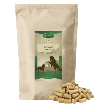 Kraftpapier-Beutel Lyra Horse 'Bananen Leckerli', grünes Etikett mit Pferdesilhouetten und einem Haufen Pellet-Leckerlis