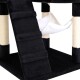 Schwarzer Katzenbaum mit einer Rampe, Kratzpfosten, die mit natürlichem Sisal umwickelt sind, und einer weißen Hängematte für Haustiere zum Entspannen.