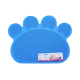 Blaues, pfotenförmiges Haustiermatte mit strukturierter Oberfläche, mit einem Etikett mit Produktdetails und Bildern von Hunden und Katzen.
