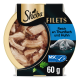 Sheba Filets 60 g Katzenfutter-Schale mit Thunfisch- und Hühnerstücken; Aufschrift: "Reich an Thunfisch und Huhn", MSC-Logo, graue Katze