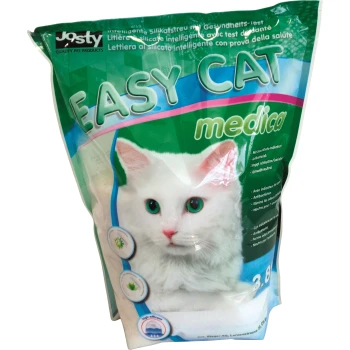 Un sac de litière pour chat "Easy Cat Medica" présentant une image en gros plan d'un chat blanc aux yeux verts, mettant en avant ses bienfaits pour la santé et ses caractéristiques.