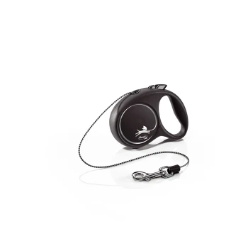 Laisse rétractable noire pour chien avec une poignée et un clip en métal, arborant un logo d'oiseau.