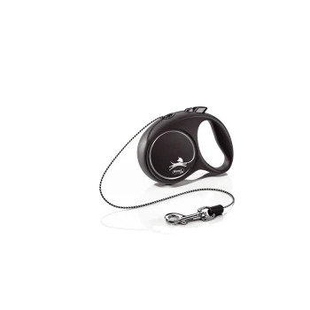 Black retractable dog leash with a handle and a metal clip, featuring a logo of a bird.