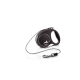 Laisse rétractable noire pour chien avec une poignée et un clip en métal, arborant un logo d'oiseau.