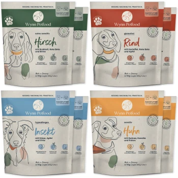 Vier Wynn Petfood-Pakete: Hirsch, Rind, Insekt und Huhn, die jeweils Zutaten zeigen.