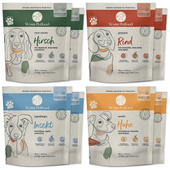 Vier Wynn Petfood-Pakete: Hirsch, Rind, Insekt und Huhn, die jeweils Zutaten zeigen.