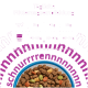 Violettes Poster: „Tägliche Fütterungsempfehlung“ mit 3 kg/4 kg/5 kg und Mengen 45–55 g, 55–65 g, 65–75 g; ein Napf mit Katzen-Trockenfutter.