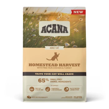Homestead Harvest z kurczakiem, indykiem i kaczką 1,8 kg Torba z karmą dla kotów ACANA Homestead Harvest z wolno biegającym kurczakiem i indykiem, podkreślająca 65% składników z małych zwierząt ofiarnych.