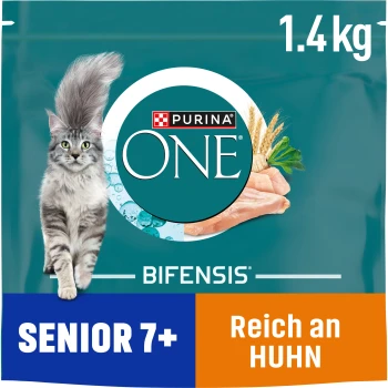 Purina ONE Bifensis Katzenfutter für Senioren 7+, 1,4 kg Beutel, mit einer grauen Katze und Text, der Huhn als Hauptzutat hervorhebt.