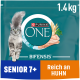Purina ONE Bifensis Katzenfutter für Senioren 7+, 1,4 kg Beutel, mit einer grauen Katze und Text, der Huhn als Hauptzutat hervorhebt.