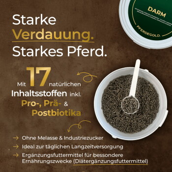 Dose mit dunklen Pferdepellets und Schaufel; deutscher Aufdruck Starke Verdauung. Starkes Pferd. und 17 natürliche Inhaltsstoffe.