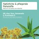 Natürliche und nährende Rohstoffe mit Aloe Vera und Hamamelis, mit Text in Deutsch und Englisch.
