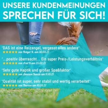 Kundenbewertungen für ein Haustierprodukt, mit positiven Rückmeldungen und Sternebewertungen, mit einer Person und einem Hund im Hintergrund.