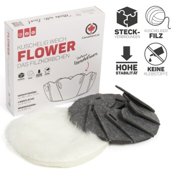 Eine Box mit der Aufschrift "CanadianCat Flower" enthält ein wendbares Filz-Haustierbett, das hohe Stabilität und keine Klebstoffe bietet.
