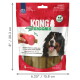 KONG Ziggies bag, red/white, Bernese dog and hand stuffing stick treat into KONG; 'Enhanced' label visible.