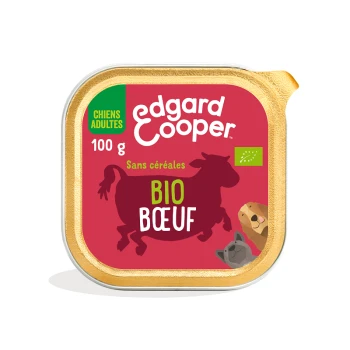Nourriture pour chiens Edgard Cooper pour adultes, 100 g, avec un emballage rouge et une silhouette de vache, étiquetée "BIO BŒUF" et "Sans céréales."