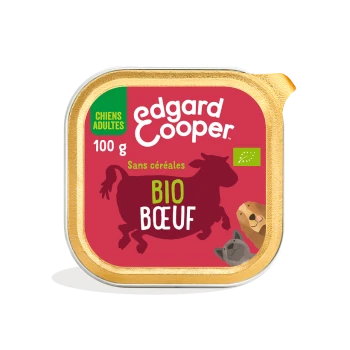 Nourriture pour chiens Edgard Cooper pour adultes, 100 g, avec un emballage rouge et une silhouette de vache, étiquetée "BIO BŒUF" et "Sans céréales."
