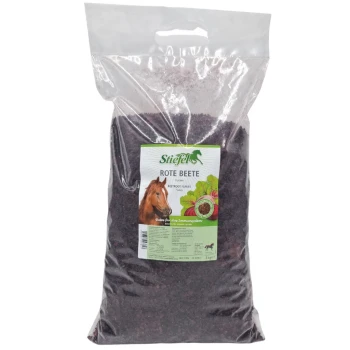 Ein klarer Plastikbeutel mit Rote-Bete-Flakes, beschriftet mit "Stiefel Rote Beete Flocken", mit einem Bild eines Pferdes und grünen Akzenten.