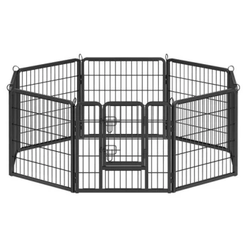 Schwarzer Metall-Hundespielbereich mit acht Paneelen und einer zentralen Tür, entworfen für die Sicherheit und den Schutz von Haustieren.
