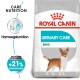 Royal Canin Urinary Care Mini Hundefutterbeutel mit einer Illustration eines kleinen Hundes, mit Text, der die Vorteile der Pflegeernährung und der Harnfunktion hervorhebt.