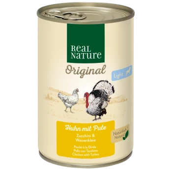 Dosenfutter für Haustiere "Real Nature Original Light" mit Huhn und Pute, beschriftet mit "Huhn mit Pute, Zucchini & Weizenkleie."