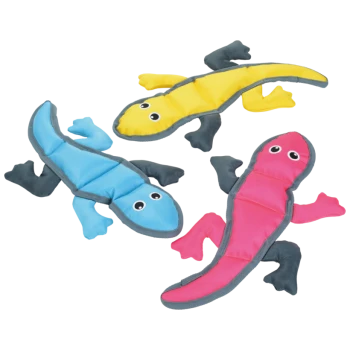 Drei bunte, echsenförmige Hundespielzeuge in Blau, Gelb und Pink mit schwarzen Gliedmaßen und Comicaugen.