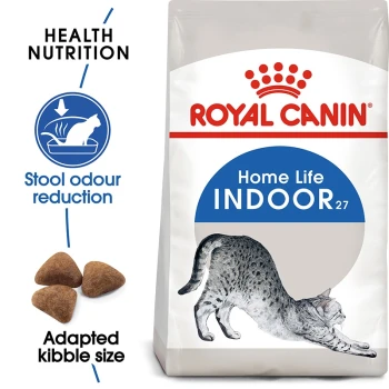 Royal Canin Indoor 27 cat food bag featuring a stretching cat illustration, with text highlighting "Health Nutrition" and "Stool odour reduction."