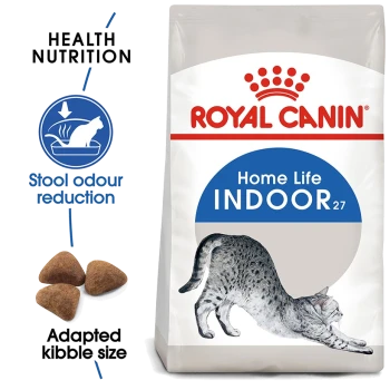Royal Canin Indoor 27 cat food bag featuring a stretching cat illustration, with text highlighting "Health Nutrition" and "Stool odour reduction."