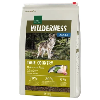WILDERNESS Trockenfutter Hund, Adult, True Country Huhn mit Fisch 4 kg Ein Beutel Real Nature Wilderness Adult Hundefutter, gekennzeichnet mit "Echte Heimat", mit "Huhn mit Fisch" und 70% Fleisch, 30% Früchte, 0% Getreide.