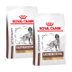 Zwei Tüten Royal Canin Veterinary Gastrointestinal High Fibre Hundefutter, mit einer Silhouette eines Hundes und einem roten Kronenlogo.