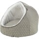 Lit pour animaux de compagnie confortable avec un motif hexagonal en gris, présentant un intérieur blanc doux et une forme arrondie pour le confort.