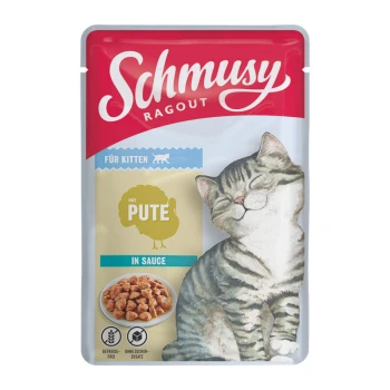 Ragout Nassfutter Kitten in Sauce Pute 22x100 g Schmusy Ragout Katzenfutterbeutel für Kätzchen, mit einer glücklichen Tabby-Katzenillustration, mit Text, der "mit PUTE" und "in Sauce" angibt.