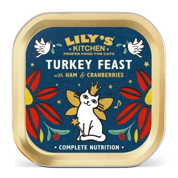 Lily's Kitchen Truthahnfest für Katzen, mit Schinken und Preiselbeeren, mit einer verspielten Katzenillustration und einem lebhaften Blumendesign.