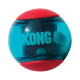 Blaue, durchsichtige Haustierkugel mit roten Endkappen und KONG-Logo.