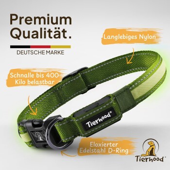 Grüner Nylon-Hundehalsband mit einer langlebigen Schnalle, ausgestattet mit einem D-Ring und dem Markennamen "Tierhood." Der Text hebt die Premium-Qualität und Stärke hervor.