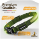 Grüner Nylon-Hundehalsband mit einer langlebigen Schnalle, ausgestattet mit einem D-Ring und dem Markennamen "Tierhood." Der Text hebt die Premium-Qualität und Stärke hervor.