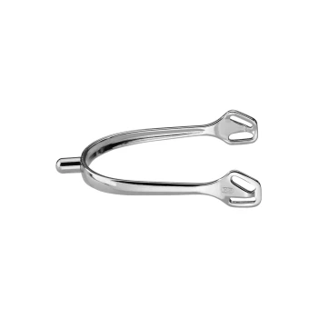 Ein glänzender Metallsporn mit zwei gezackten Enden, entworfen für den Reitsport, vor einem weißen Hintergrund präsentiert.