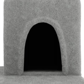 Grau plüschige Haustierhöhle mit einem runden Eingang, entworfen für kleine Tiere, um sich zu verstecken und bequem zu ruhen.
