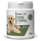 Behälter mit REAVET+ Ruhe Formel Pulver für Hunde, mit einem glücklichen Hund auf dem Etikett, mit "MADE IN GERMANY" und 100g Gewicht.