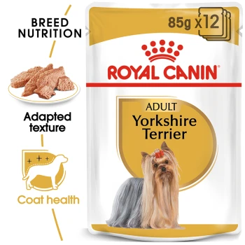 Royal Canin Adult Yorkshire Terrier dog food packaging, featuring a Yorkshire Terrier with a bow, highlights breed nutrition and coat health.