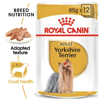 Royal Canin Adult Yorkshire Terrier dog food packaging, featuring a Yorkshire Terrier with a bow, highlights breed nutrition and coat health.