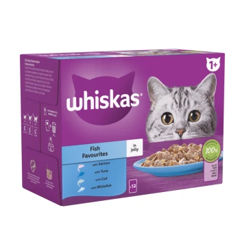 Whiskas Fish Favourites cat food box featuring a gray cat's face, with flavors including Salmon, Tuna, Cod, and Whitefish in jelly.