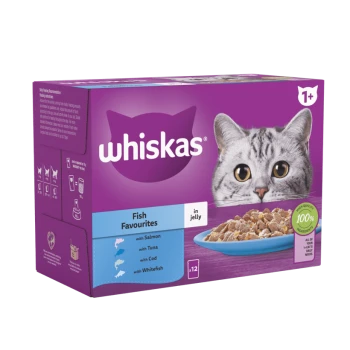 Whiskas Fish Favourites cat food box featuring a gray cat's face, with flavors including Salmon, Tuna, Cod, and Whitefish in jelly.