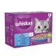Whiskas Fish Favourites cat food box featuring a gray cat's face, with flavors including Salmon, Tuna, Cod, and Whitefish in jelly.