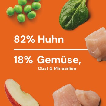 Oranger Hintergrund mit grünen Erbsen, Spinatblatt, rohen Hühnerstücken und Apfelscheibe; Text: „82 % Huhn, 18 % Gemüse, Obst & Mineralien.“