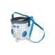 Transparenter Haustiernebelgerät mit blauen Akzenten und verstellbarem Gurt, gekennzeichnet mit 'hippomed', entworfen zur Verabreichung von Medikamenten an Haustiere.