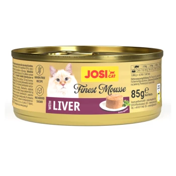 JosiCat Finest Mousse mit Leber, getreidefreies Katzenfutter, 85g Dose, ohne Zuckerzusatz, Bild von Katze und Mousse-Portion.